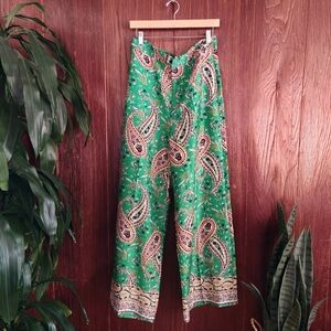 Zara Wide Leg Lightweight Green Scarf Print Trouser Pants Large
